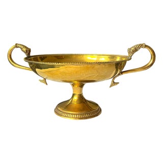 Large Vintage Solid Brass Dolphin Handle Compote Footed / Pedestal Bowl in the Style of Sherle Wagner Palm Beach Regency For Sale