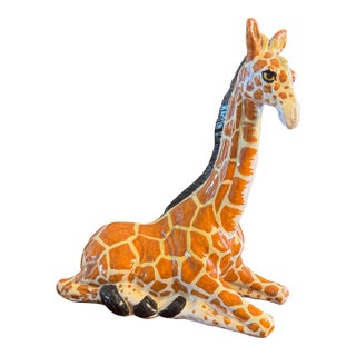 Hollywood Regency Glazed Terracotta Sculpture of a sSeated Giiraffe. Made in Italy Stamped Pristine For Sale