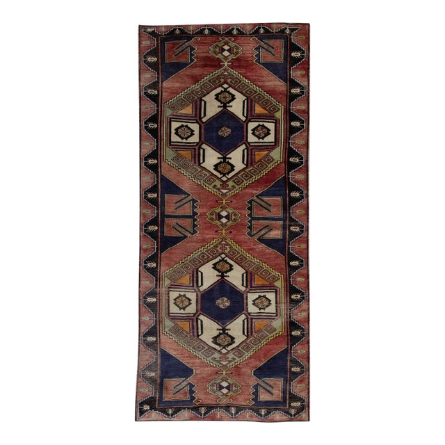 1960s Red & Blue Vintage Turkish Runner 4'9" X 11'9" For Sale