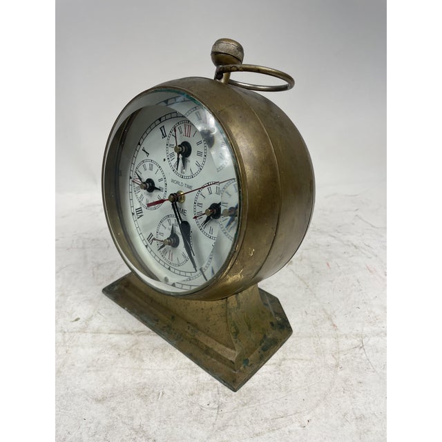 Mid-Century Modern World Time Clock with Five Time Zones in Brass For Sale - Image 3 of 14