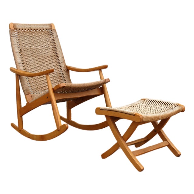 Mid-Century Modern Yugoslavian Woven Rocking Chair & Folding Ottoman | Circa 1960s For Sale