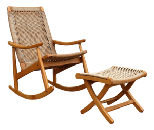 Mid-Century Modern Yugoslavian Woven Rocking Chair & Folding Ottoman | Circa 1960s