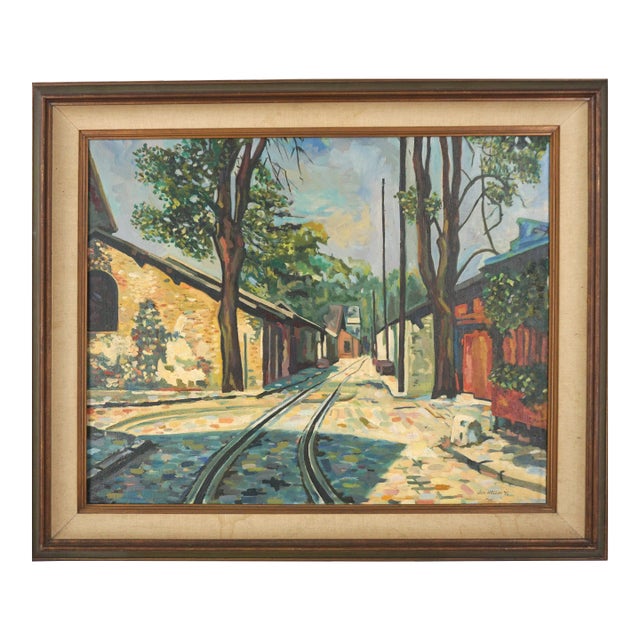 Vintage Small Town Street With Railroad Tracks Landscape by Jon Nielson For Sale