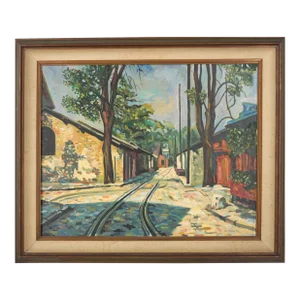 Vintage Small Town Street With Railroad Tracks Landscape by Jon Nielson
