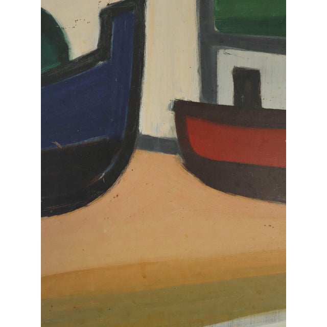 Brick Red Mid-Century Modern 'Boats at Rest' Vintage Original Coastal Landscape Oil Painting, Framed For Sale - Image 8 of 12