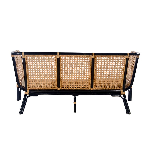 French Matthew Izzo Home Quay Black Bamboo and Rattan Seat Lounge Sofa With Cushion For Sale - Image 3 of 6