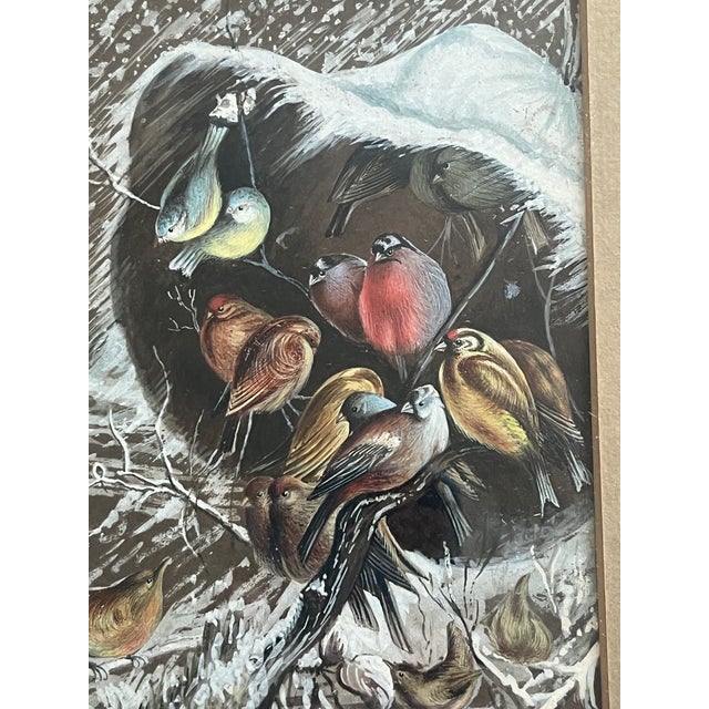 Victorian 19th Century Gouache Water Color Painting Wintering Birds in Snow For Sale - Image 3 of 6