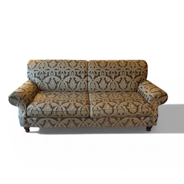 English English Roll Arm Damask Sofa For Sale - Image 3 of 7
