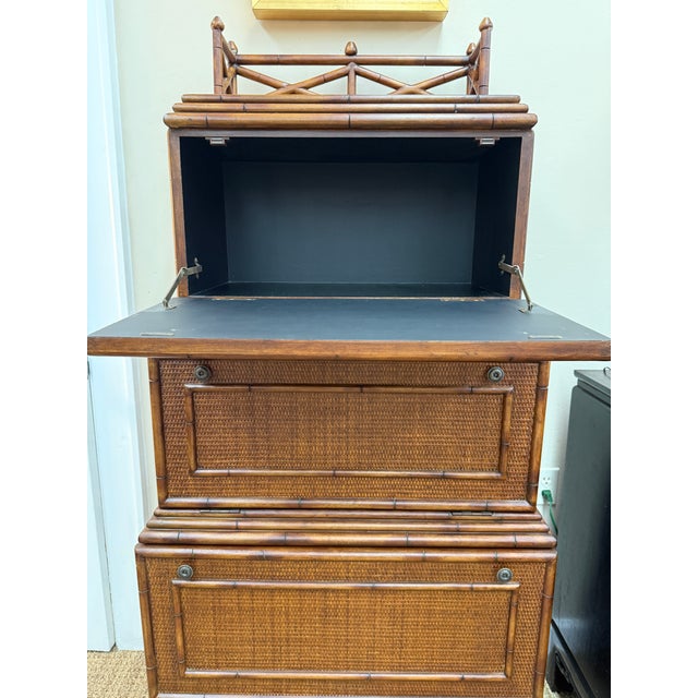 British Colonial Style Woven Rattan and Faux Bamboo Cabinet That Converts to a Secretary, C 1970's For Sale In Orlando - Image 6 of 11
