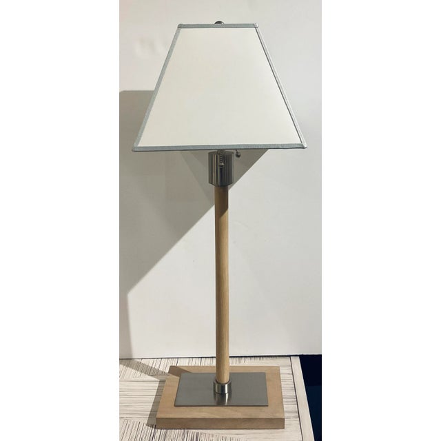 Stylish Organic Modern Light Wood and Brushed Steel Designer Table Lamps Pair, white triangular fabric Baker shades with...