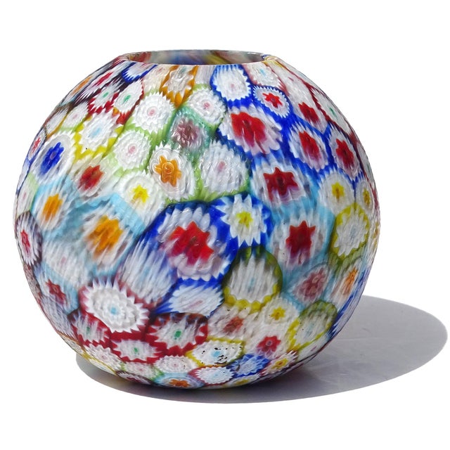 Blue Fratelli Toso Murano Vintage Millefiori Mosaic Italian Art Glass Ball Shaped Flower Bud Vase For Sale - Image 8 of 9