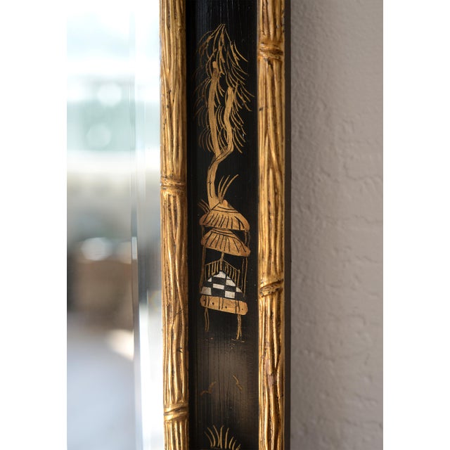 1950s 1950s Mid Century Hollywood Regency Chinoiserie Black & Gold Wall Mirror For Sale - Image 5 of 15