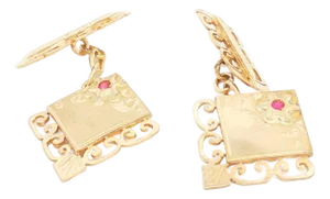 Late 20th Century 14k Yellow Gold Lacey Red Glass Stones Cufflinks, A Pair