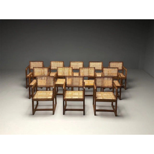 Pierre Jeanneret, French Mid-Century Modern, Box Chairs, 12 Dining Chairs, Teak, Cane Rare and important set of twelve...