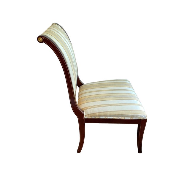 Item: Mahogany Side Chair with Striped Silk Upholstery Style: Empire, Federal Brand: Kindel Furniture Period: Late 20th...