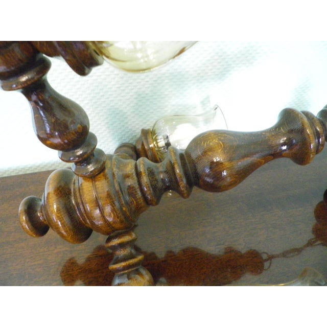 Tan Three-Light Pendant Lamp in Varnished Turned Wood with Amber Tulip-Shaped Glass Shades, France, 1970s For Sale - Image 8 of 18