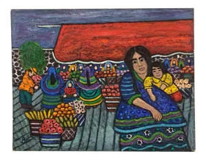 Mid 20th Century "The Farmers Market" Expressionist Folk Art Style Oil Painting by Bea Haverbusch