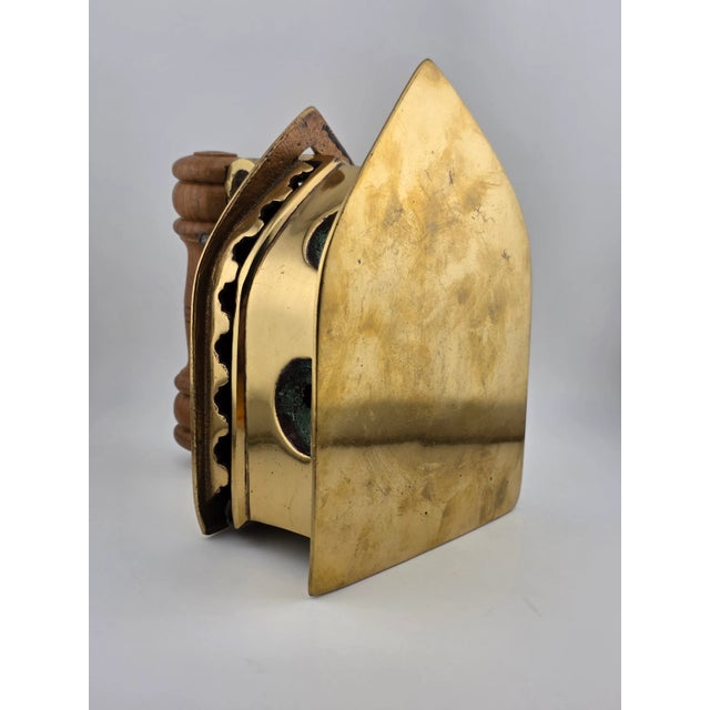 Antique C1850 Middle East Handmade Brass Charcoal Big Press Iron W Wooden Handle For Sale - Image 4 of 15