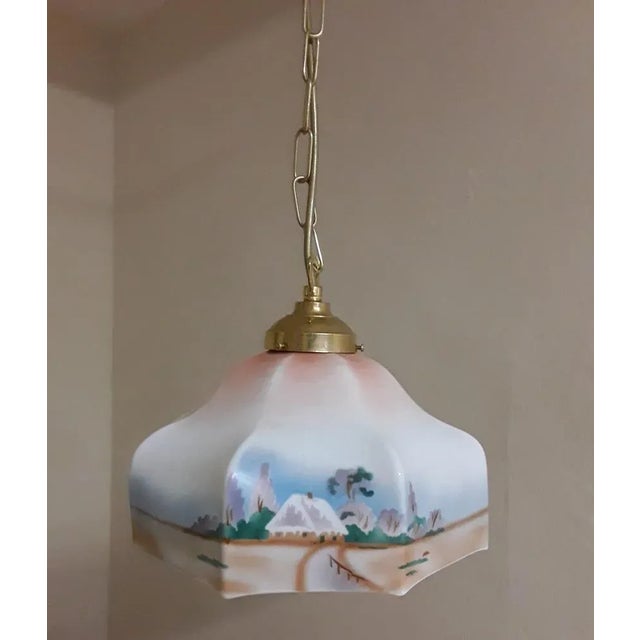 Metal Small Kitchen Lamp with Glass Shade in Colored Spray Decor, 1920s For Sale - Image 7 of 7