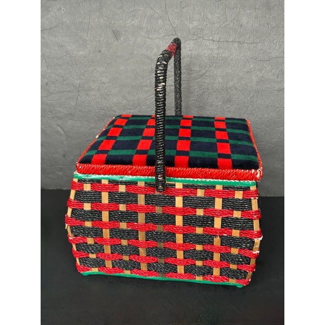 Farmhouse Red Plaid Woven Rattan Sewing Basket For Sale - Image 3 of 16