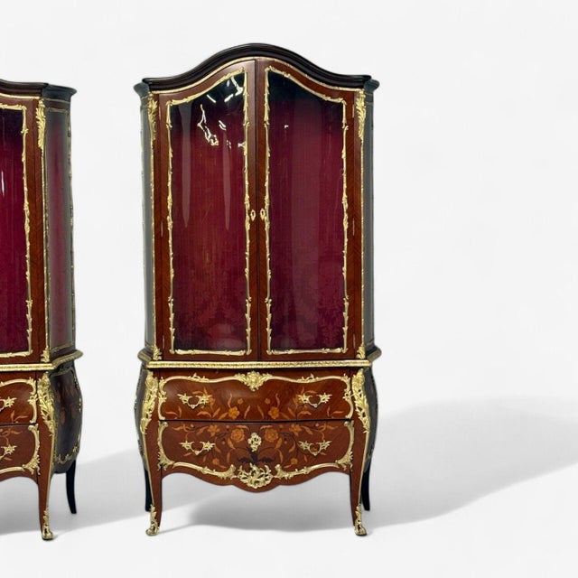 19th Century Louis XV Style, Bombe Vitrines, Ormolu Bronze, Inlaid Marquetry, France, 19th For Sale - Image 5 of 12