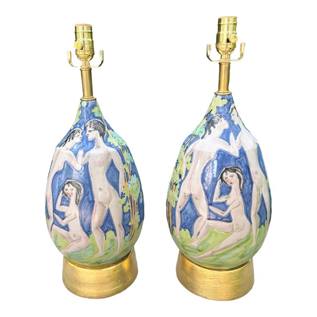 1950s Italian Modern Glazed Ceramic Lamps - a Pair For Sale