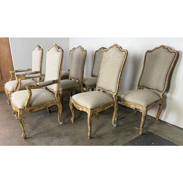 French Set of Eight 18th-Century Style French Louis XV Carved & Giltwood Dining Chairs For Sale - Image 3 of 15