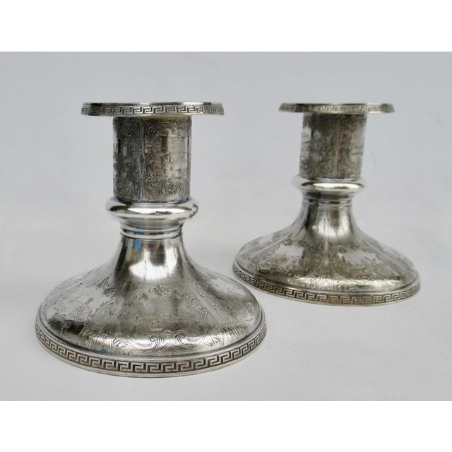 Vintage Victorian Era Heritage Sterling Co. Silver Plate Greek Key Repousse' Candle Holders -Pair For Sale - Image 4 of 12