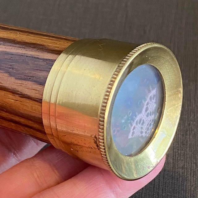 Wood Vintage Wooden Kaleidoscope Brass Accents Matching Wood Stand Handcrafted For Sale - Image 7 of 12