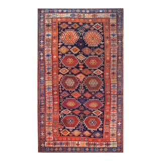 1890s Blue Navy Geometric Tribal Antique Persian Kurdish Rug 5'4" X 9'4" Handknotted Wool Carpet For Sale