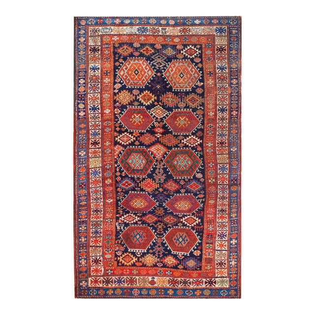 1890s Blue Navy Geometric Tribal Antique Persian Kurdish Rug 5'4" X 9'4" Handknotted Wool Carpet For Sale