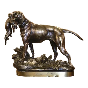 19th Century French Dog and Rabbit Gilt Bronze Sculpture Signed P. Lecourtier