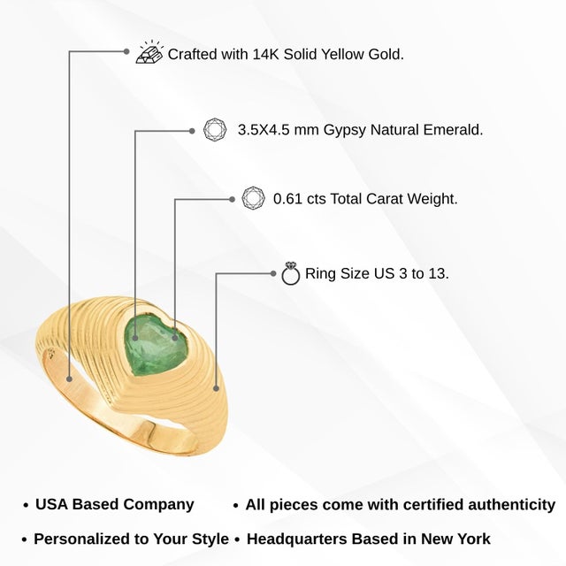 Ridged Heart-Cut Emerald Pinky Ring in 14k Yellow Gold Size 6.5 For Sale - Image 14 of 18