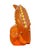 This striking amber figurine features a curved fishtail-like form adorned with intricate brass detailing along its ridges....
