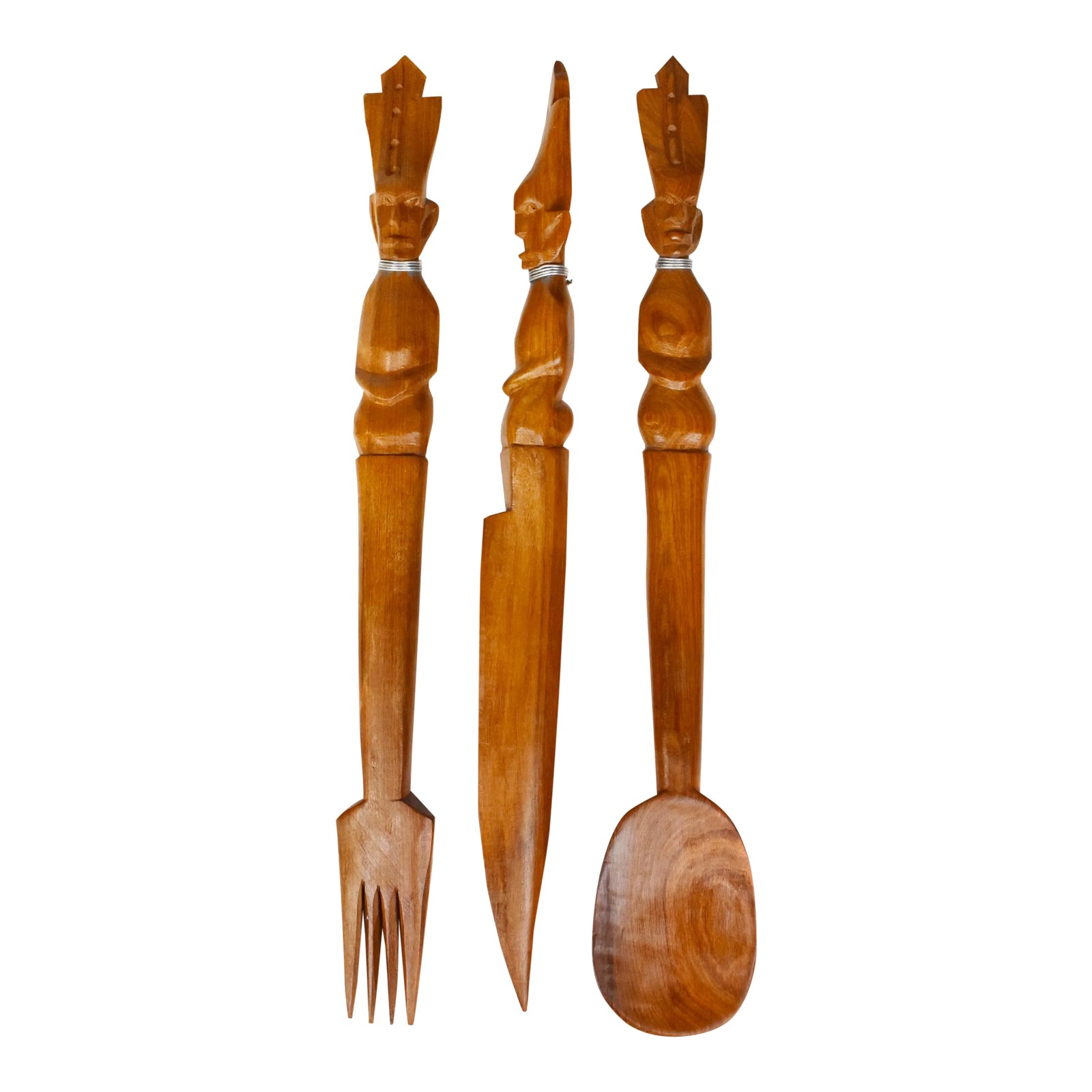 Mid 20th Century Vintage Hand Carved Solid Wood Salad Serving Utensils