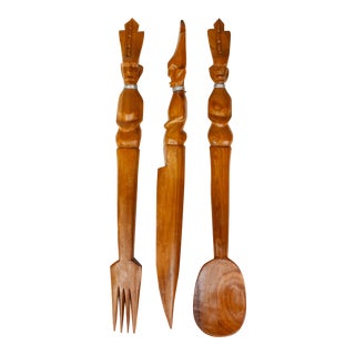 Mid 20th Century Vintage Hand Carved Solid Wood Salad Serving Utensils - Set of 3 For Sale