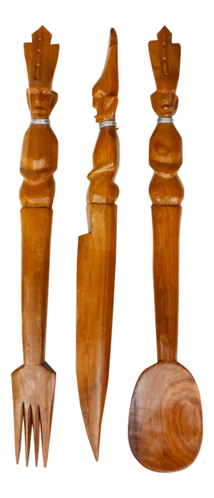 Mid 20th Century Vintage Hand Carved Solid Wood Salad Serving Utensils - Set of 3