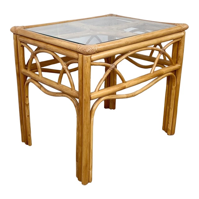 Vintage Bent Rattan & Glass Side Table With Arch Apron Detail, Circa 1970s–1980s For Sale