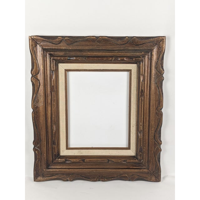 Vintage Carved Dark Brown Wood Picture Frame With Cream Linen Liner For Sale - Image 10 of 13