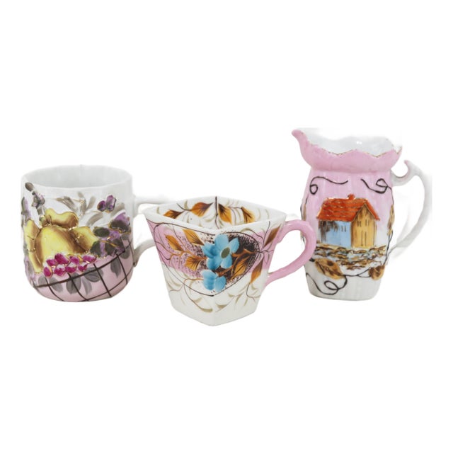 Vintage Victorian Hand-Painted Porcelain Mugs & Pitcher Set – Unique Floral & Landscape Designs For Sale