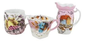 Vintage Victorian Hand-Painted Porcelain Mugs & Pitcher Set – Unique Floral & Landscape Designs