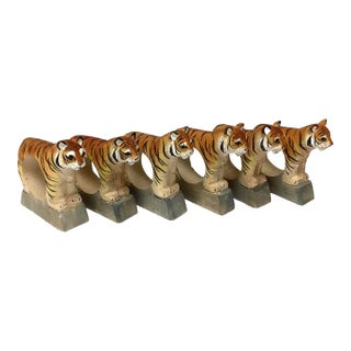 Vintage Hand-Carved Painted Tiger Figural Napkin Rings Set of 6 For Sale