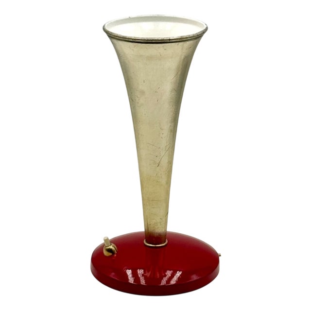 Mid-Century Modern Cone Metal Lamp with Red Base & Golden Shade, 1950s For Sale