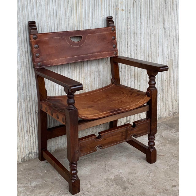 Spanish 19th Century Spanish Colonial Throne Armchair with Leather For Sale - Image 3 of 11