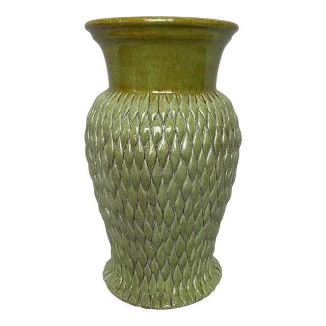 1990s Italian Hand Painted Green/Honey Ceramic Tall Vase For Sale