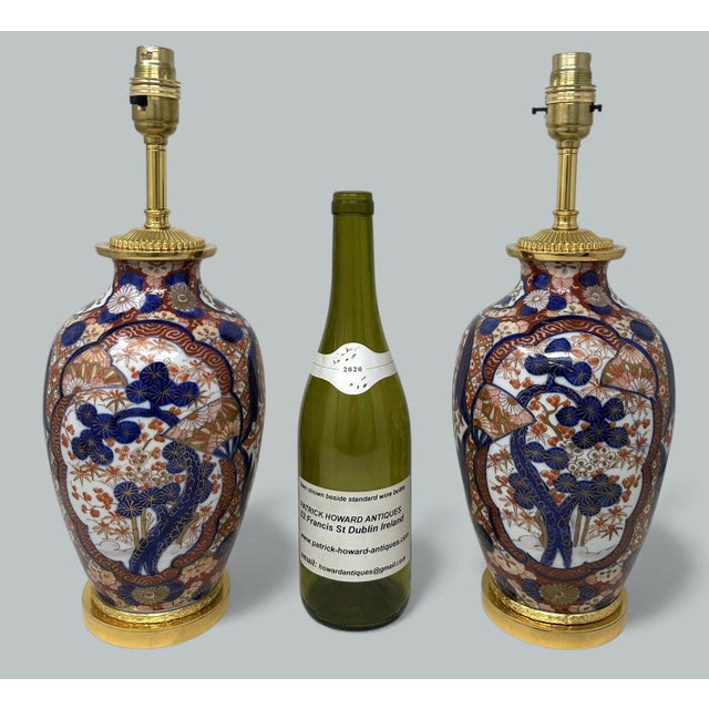 Antique Pair Japanese Chinese Imari Porcelain Ormolu Table Lamps Blue Red Gilt For Sale - Image 9 of 9