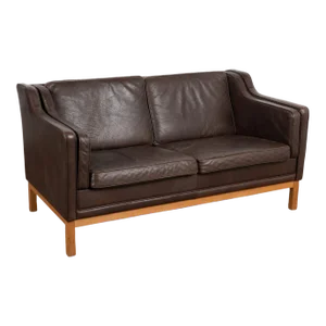 Mid Century Modern Two Seat Brown Leather Sofa Loveseat, Denmark Circa 1960
