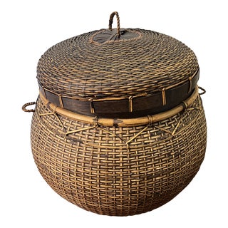 1960s Handmade Asian Rice Basket With Lid For Sale