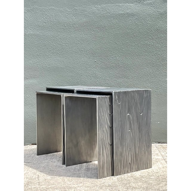 Vintage Wood Grain Metal Nesting Tables - Set of 4 For Sale In West Palm - Image 6 of 12