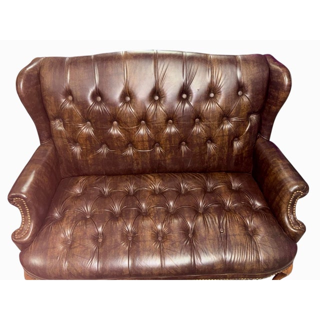 Vintage English Chesterfield Tufted Oxblood Leather Wingback Settee For Sale - Image 11 of 12